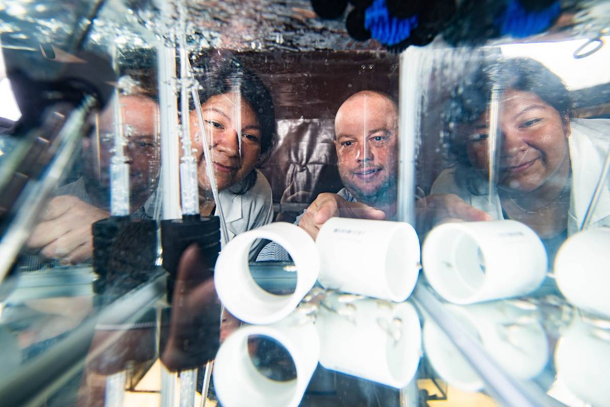 Students working with a test chamber in a lab setting