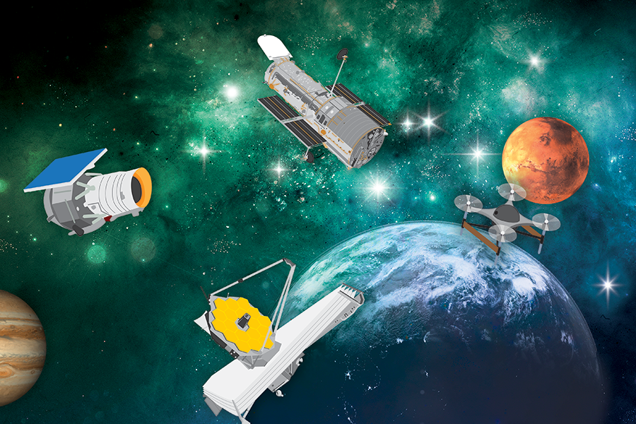 Designed image of space with satellites and planets.