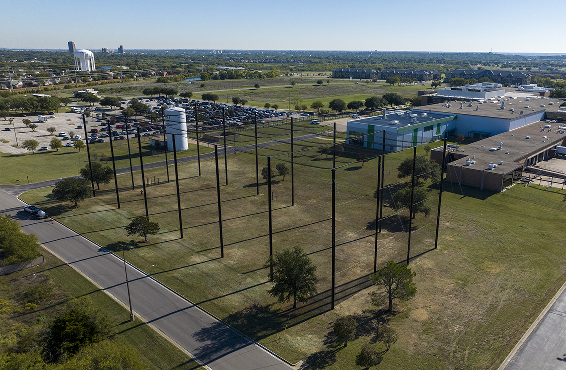 Aerial photo of UNT outdoor netted drone facility