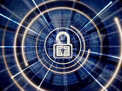 Stock photo of lock with bright lines and binary code coming out