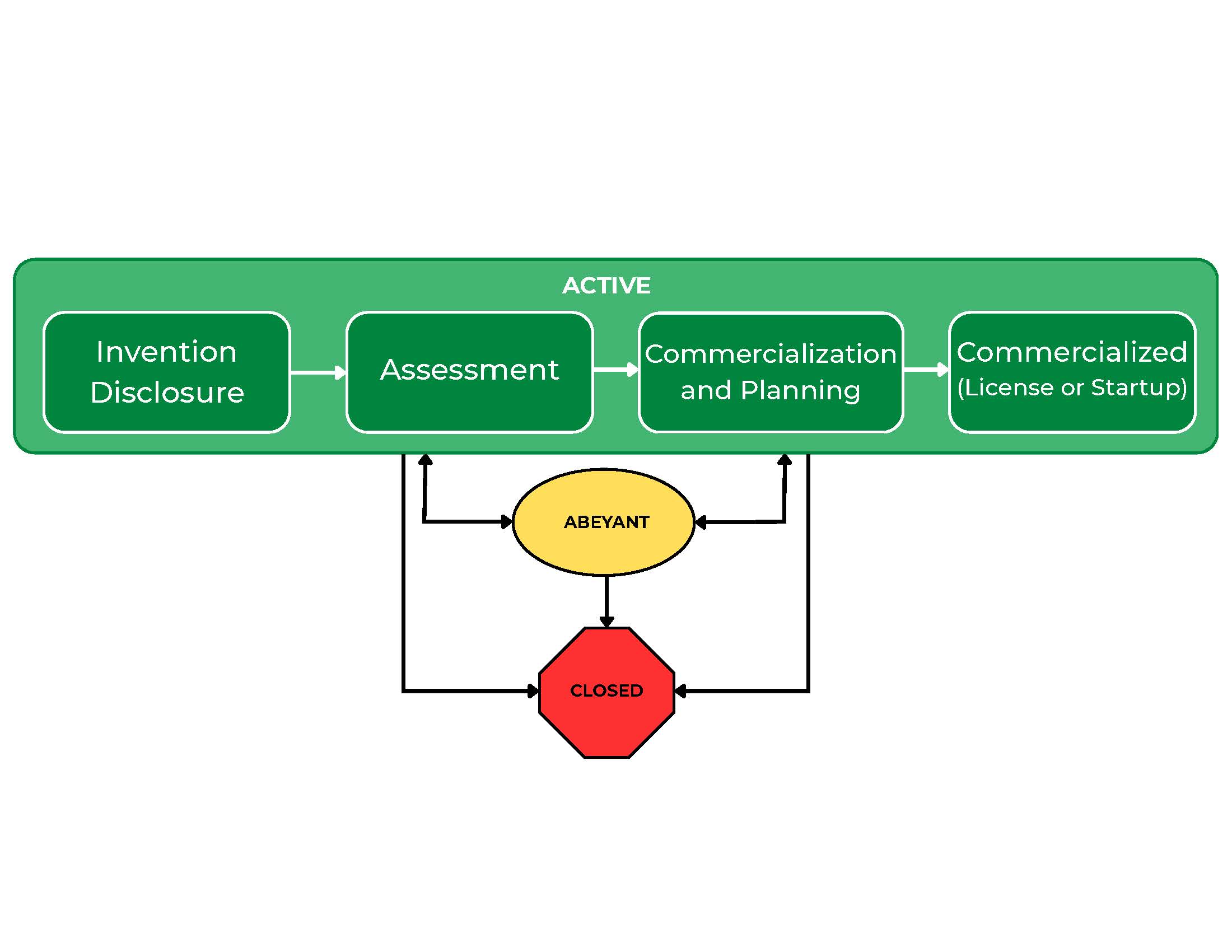 process flow for innovation and commercialization starting with invention disclosure then assessment then commercialization and planning then commercialized with license or startup