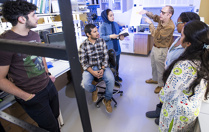 UNT professor Douglas Root explains a scientific concept to students in his lab. 