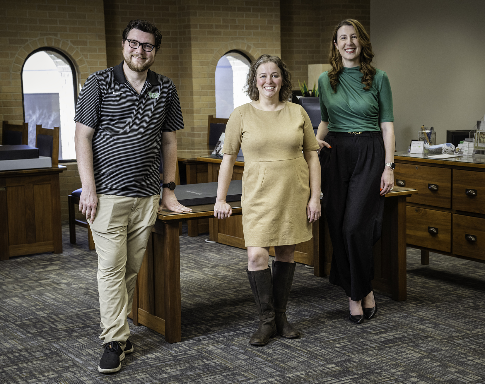 Photo of UNT researchers Brady Lund, Ana Roeschley and Morgan Gieringer in UNT Special Collections
