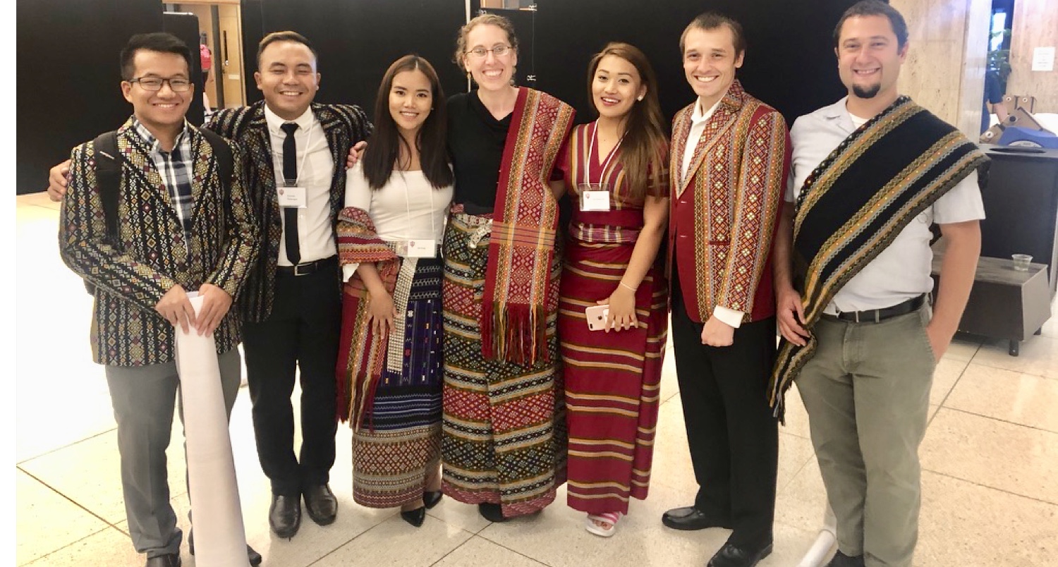 Kelly Harper Berkson and students in traditional Burmese clothing