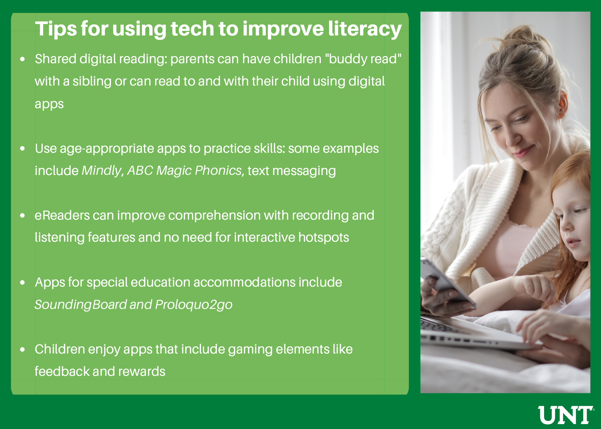 Tips for using tech to improve lteracy. - Shared digital reading: parents can have children 